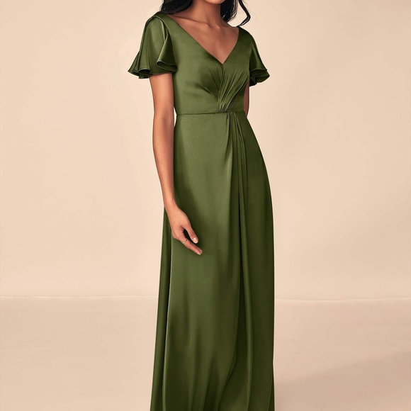 Azazie Dresses & Skirts - Azazie Olive Green Maxi Dress Poof Sleeves Women's Size 10 Bridesmaid Wedding